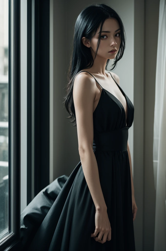 Woman, alone, black gown, bare arms, greeneyes, black hair long, in a night window