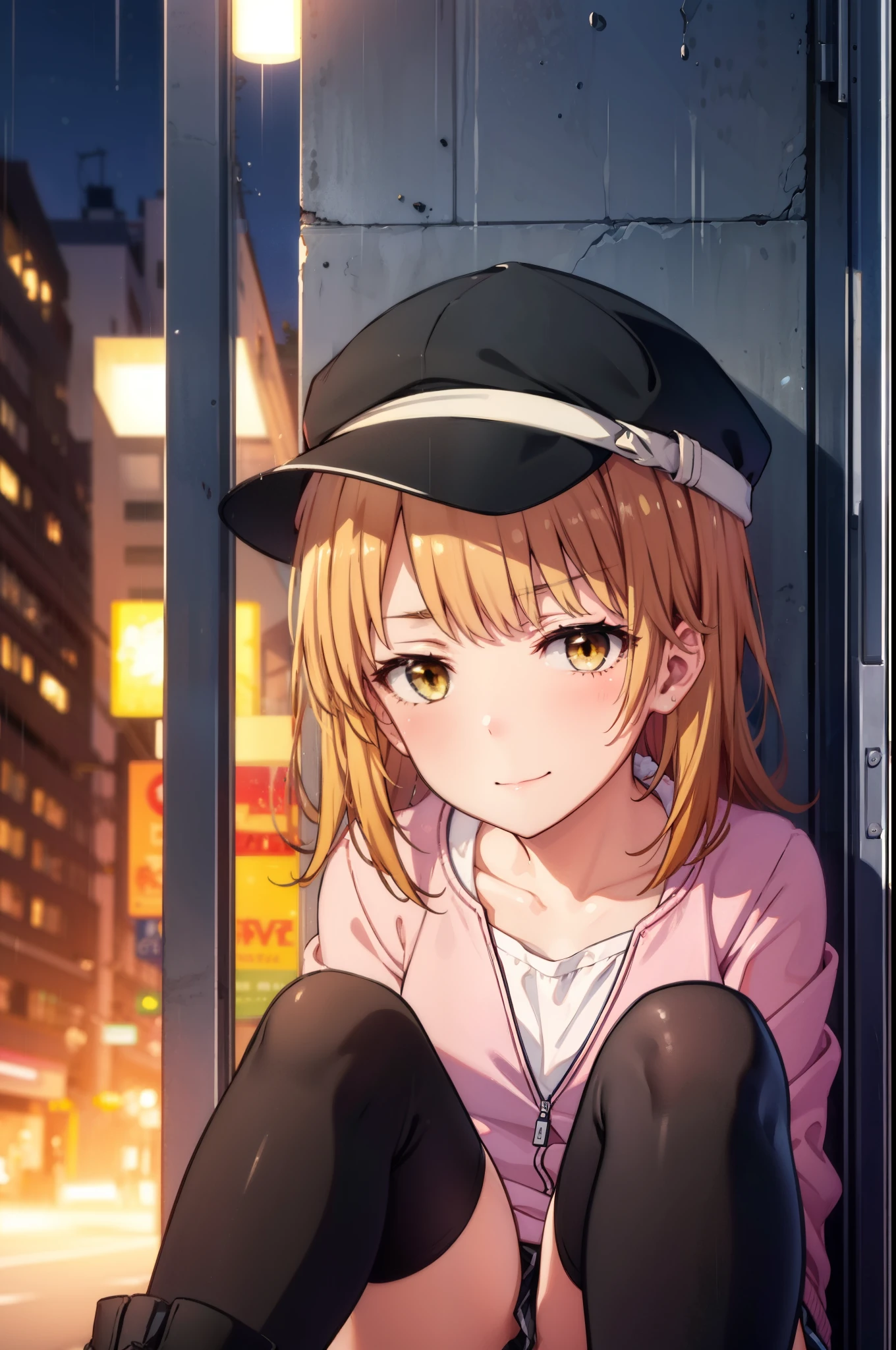 Irohaisshiki, isshiki iroha, Long Hair, Brown Hair, (Brown eyes:1.5), happy smile, smile, Close your mouth,blush,rain,night,Baseball hats,Pink oversized hoodie,V-neck shirt,mini skirt,Black pantyhose,short boots,Sitting leaning against the wall、,Hiding in a roofed building,whole bodyがイラストに入るように,
break outdoors, Building district,
break looking at viewer,whole body,
break (masterpiece:1.2), Highest quality, High resolution, unity 8k wallpaper, (figure:0.8), (Beautiful attention to detail:1.6), Highly detailed face, Perfect lighting, Highly detailed CG, (Perfect hands, Perfect Anatomy),