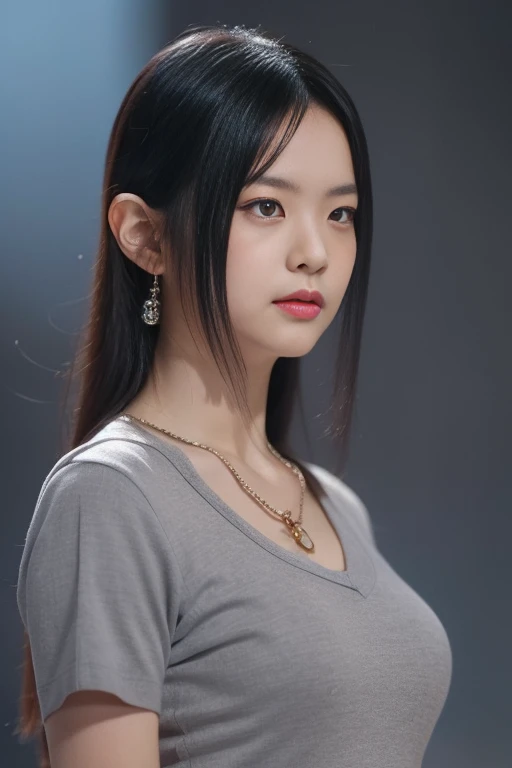 Asian Woman (sheは両手で髪を撫でている, 白い下着をshow), necklace, Small breasts, Round shaped breasts, Covered shirt((she)), ((Mid Shot, whole body, Narrow waist)), Updo、 Glowing Eyes, Red nose, Carl Larson, Alphonse Mucha, Chiaroscuro, Movie Glen, reflected light, (((Long Shot))), From knee to top,show ((())), masterpiece, Attention to detail, ((Gray background, Studio Light )) Touch Strap 