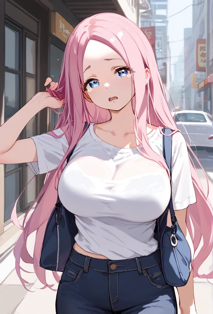 woman, pink hair, long hair, open forehead, no bangs, blue eyes, big breasts
Casual clothes, tears 