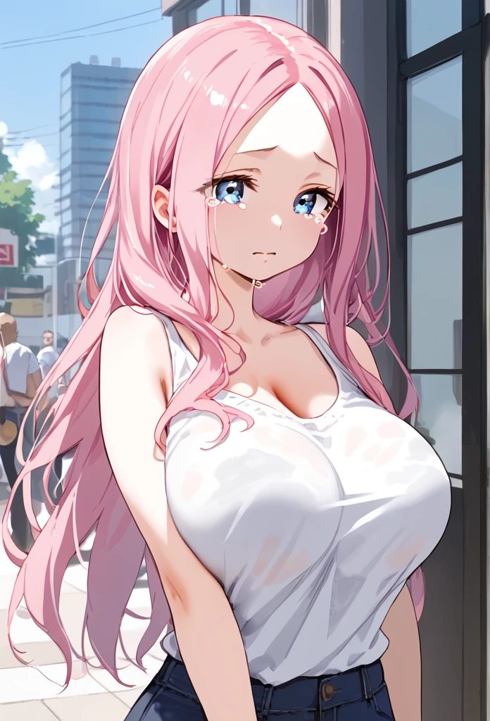 woman, pink hair, long hair, open forehead, no bangs, blue eyes, big breasts
Casual clothes, tears 