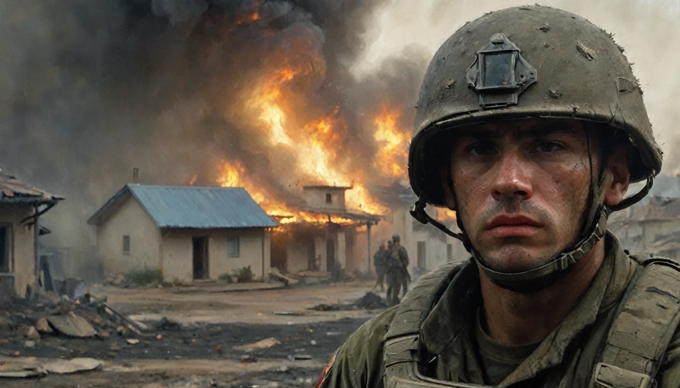 The image focuses on the soldier's face, which is covered in dirt and sweat, with an expression of deep tiredness and discomfort. His eyes are filled with sadness and exhaustion as he watches the destruction around him. His helmet is slightly displaced, revealing strands of messy hair. The background shows ruined houses and smoke rising, hinting at a recent conflict. The light is dim and the atmosphere gloomy, accentuating the soldier's state of wear and tear and the tragedy of the devastated environment., Hyperrealism, Impressionism, UHD, retina, masterpiece, accurate, anatomically correct, textured skin, super detail, award winning, 8k
