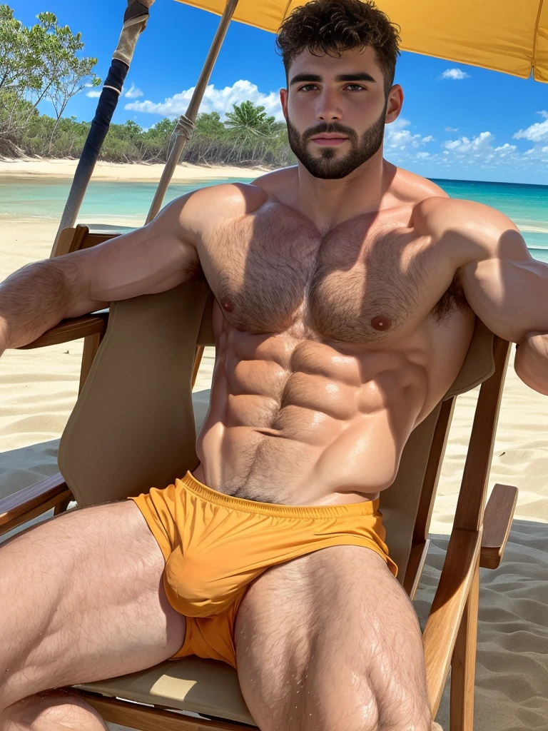 (perfect anatomy), masterpiece, high detail, two handsome man, 24 years old, sitting in a chair on a beach, brasilian beach, taking sun bath, wearing only wet trunks, big bulge, hairy chest, muscular, beard