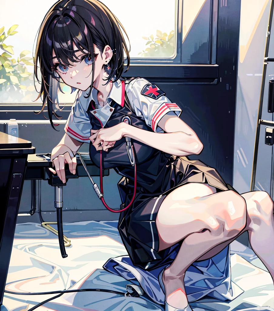 full body shot, nurse uniform, hospital, correct anatomy, perfect anatomy, ideal ratio of body proportions, absurdres, RAW photo, extremely delicate and beautiful, masterpiece, Best Quality, ultra high resolution, 32k, hyperrealistic, ultra-detailed, Realistic beautiful face, Realistic beautiful eyes, medium tits, medium hair, black hair, tearful mole, earring,