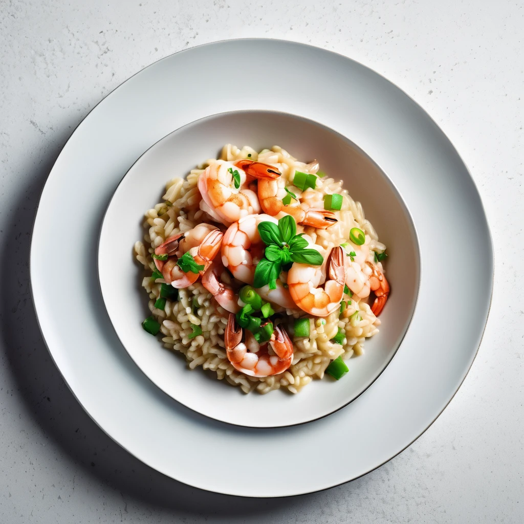 photograph from top of a dish of risotto with shrimps; food photography