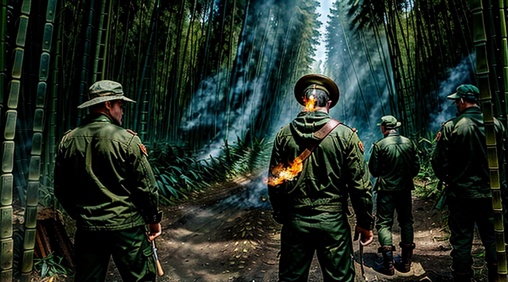 The Captain of the Forest -- closed hunter's jacket, long pants and hunter's boots, with a straw hat, he is wounded and carried by the men who are his henchmen = one on the left side, the other on the right side - - a lot of smoke a- - a lot of smoke - the captain of the forest gets up from the ground - leaving the forest in the background a bamboo grove