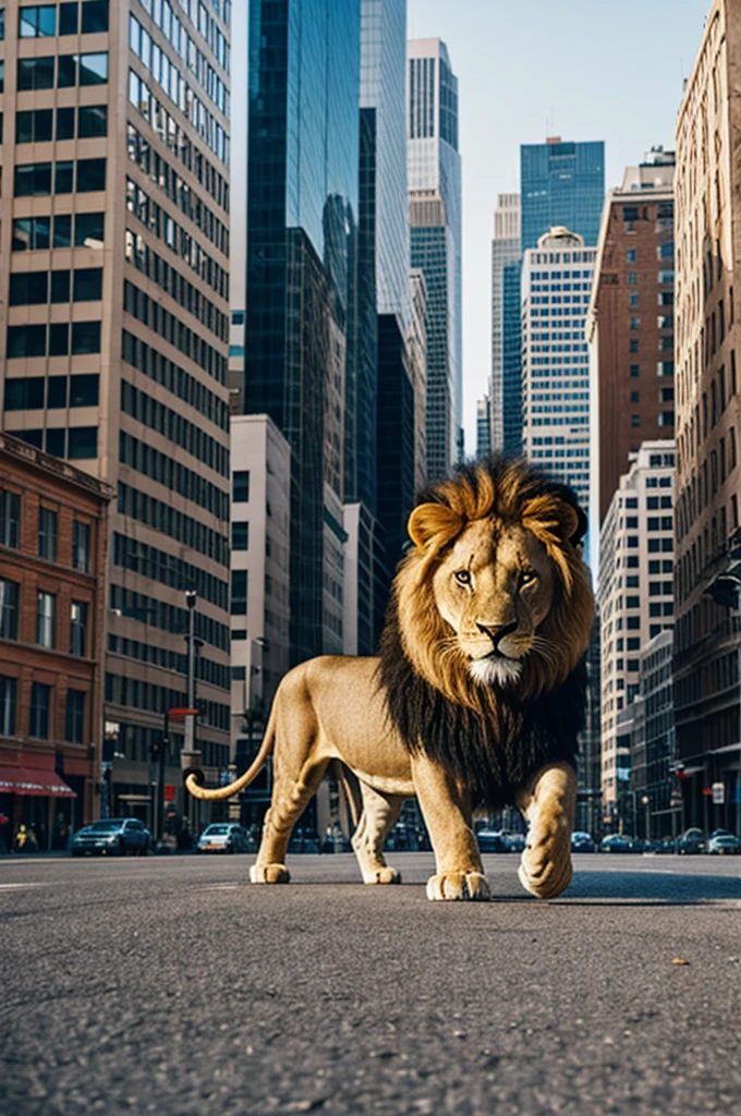 Lion stepping on a snake between buildings 