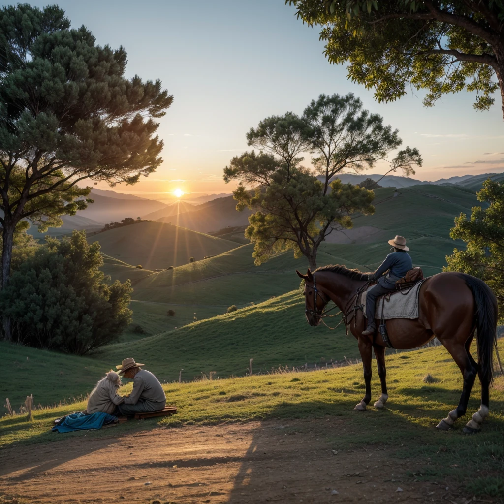 Nomadic elderly man resting against his horse under a tree at the top of a Serra da Matiqueira at sunrise