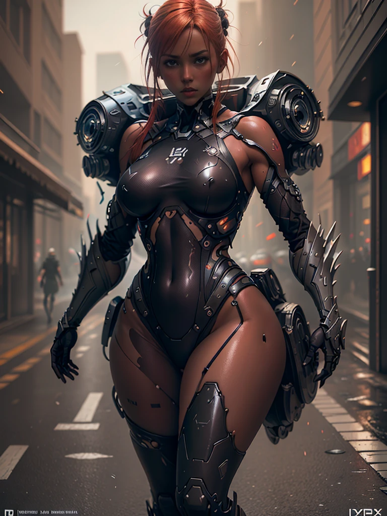 beautiful cyberpunk female, redhead girl, in carbon fiber battle dress, HDR, ray tracing, NVIDIA RTX, hyper-resolution, Unreal 5, subsurface scattering, PBR textures, post-processing, anisotropy filtering, depth of field, maximum definition and sharpness, multi-layered textures, albedo and specular maps, accurate simulation of light-material interactions, two-colored lighting, large aperture, low ISO, white balance, rule of thirds composition, 8K raw data, black stockings, powerful pose, determined expression, seductive