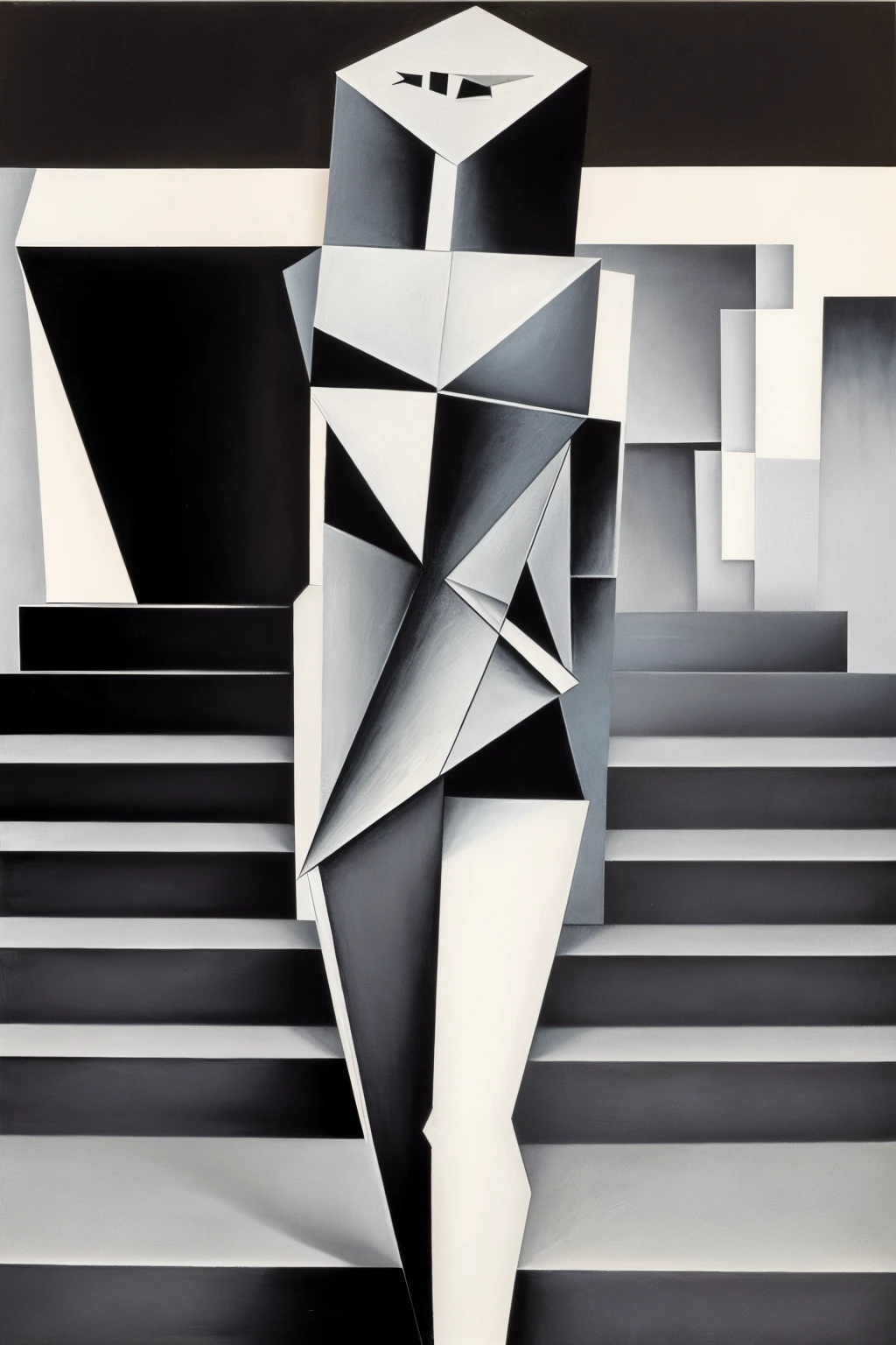 ((best quality)), ((mformal and cubist type
deconstruction of the torso masterpiece)), (detailed), walking down a staircase