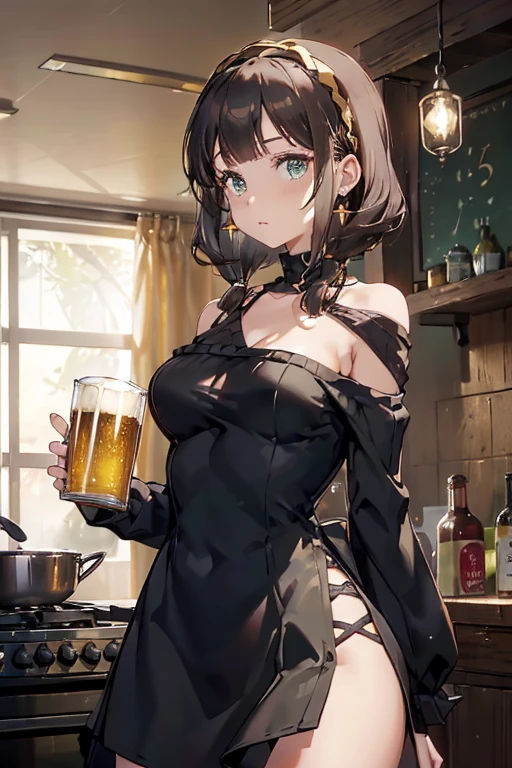 (from below:1.2), (perky chest:1.2), (pointed chest:1.2), 1girl, Bust A Cup, Amazing Cleavage:1.1, thin waist, big ass, Raised cute, small breast: 1.1 posed cleavage:1.2、solo, looking at viewer, have a cute glass of cute beer glass,black hair, dark green eyes, dress, bare shoulders, jewelry, collarbone, side locks, hairband, earrings, indoors, off shoulder, arms behind back, plants, short hair with long locks, gild hairband, off-shoulder dress, sweater dress, off-shoulder sweater, red sweater, dark gold hair, big side hair, very long side hair,is rendered in (masterpiece: 1.2, best quality), with (ultra high resolution) and an exquisite (depth of field). This masterpiece is not only visually stunning but also tells,A scene of cooking in the kitchen 