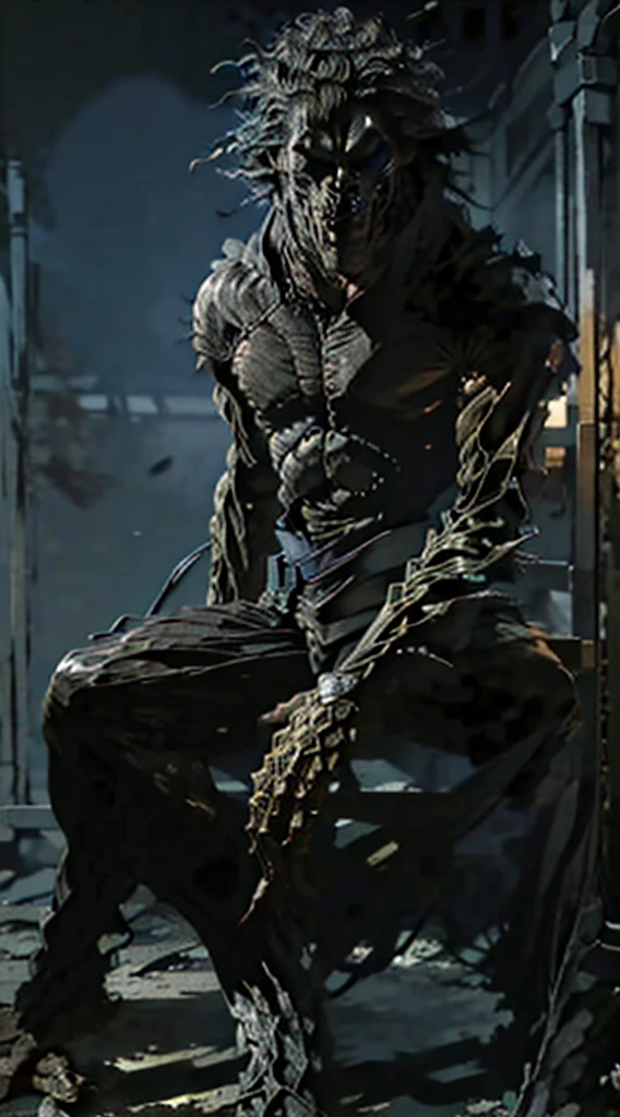 (extremely detailed CG unity 8k wallpagapager),(Masterpagece), (Best Quality), (ultra detailed), (best illustration),(best shadow), (HD), (4k), Masterpiece, werewolf sitting on a chair with a sad aura, melancholic and gloomy