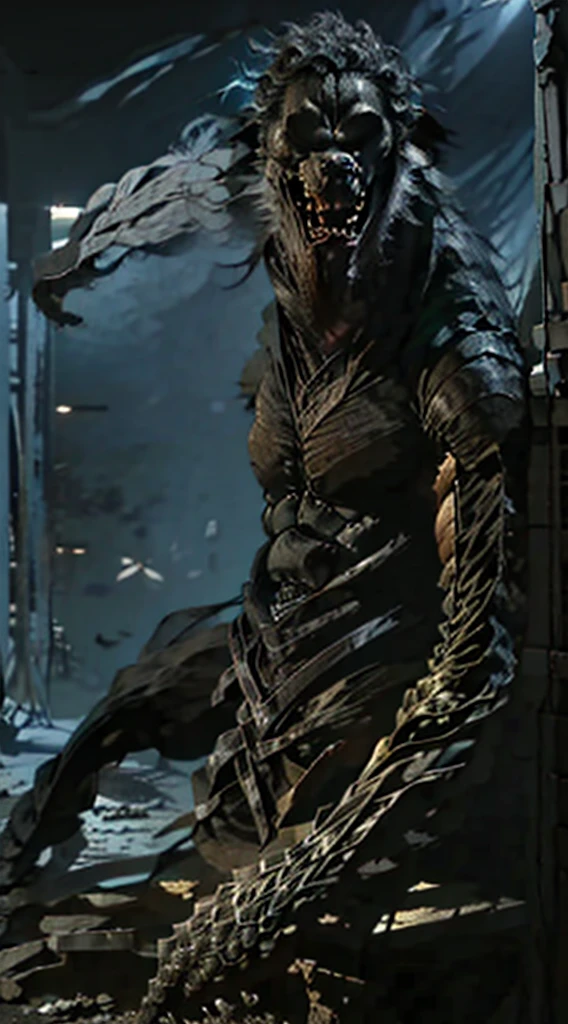 (extremely detailed CG unity 8k wallpagapager),(Masterpagece), (Best Quality), (ultra detailed), (best illustration),(best shadow), (HD), (4k), Masterpiece, werewolf sitting on a chair with a sad aura, melancholic and gloomy