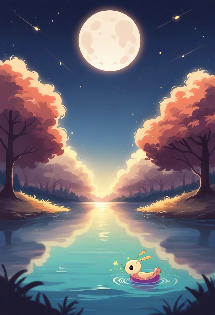 "A serene starry night scene with a full moon shining softly in the sky, illuminating a calm lake. Tall, dark trees surround the lake, reflecting its silhouette in the water. Fireflies float delicately in the air, emitting a soft glow. No fundo, a small wooden cabin with warm lights twinkling through the windows, giving a sense of welcome. Smooth, elegant text says &#39;Good Night&#39; in cursive letters, complementing the tranquility of the scene."art digital 