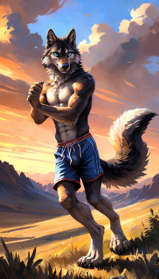 ((Solo)), male people, anthro wolf, (Multi-colored fur, White-brown:1.3,White tail pointed), (Height 2.1m,Tail length 1.2m), ((Wolf face, Big eyes, White eyelids, Blue pupil, Slim:1.2) (Tough, Calm expression:1.2)), Abs, Slim, pinging)), (Correct anatomy), (Work shorts:1.1), The upper body is naked, (detailed outfits),A long big tail,Feet,(Realistic fur, Detailed fur texture, labeled:1.3)), (Natural lighting), Photorealistic, Hyperrealistic, ultradetailed, by Kenket,Endless grasslands,There are no trees,There are no big stones,No artificiality,erect through,Running on