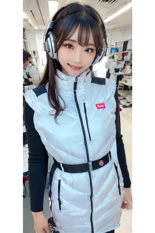 masterpiece, Highest quality, Very detailed, 8K Portrait,Japanese Android Girl,plump , Control panel,Robotic arms and legs, Blunt bangs,,break (Metallic Gray, Metallic luster, Mirror finish, Astro Best):5,headphone:5,break (Black sleeves):100,Smart Watches,Futuristic space station,Control Room,break headphone,blue eyes,(Black Hair):2,(Long Hair):1.3,Displaying the viewer,(respirator),break blush:3,Hidden Hand,smile