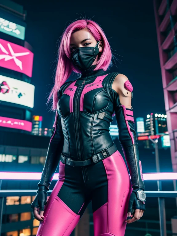 cyberpunk 2d anime girl, with pink hair, hightech mask, modern skinny suit with sci fi tokyo in the background, at night