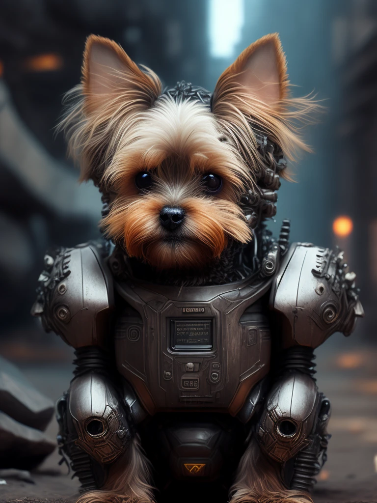 Yorkshire terrier (robot) Dogs are messengers of destruction, realistic scifi cyberpunk power armor robot, Close-up portrait