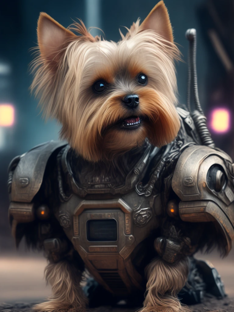 Yorkshire terrier (robot) Dogs are messengers of destruction, realistic scifi cyberpunk power armor robot, Close-up portrait