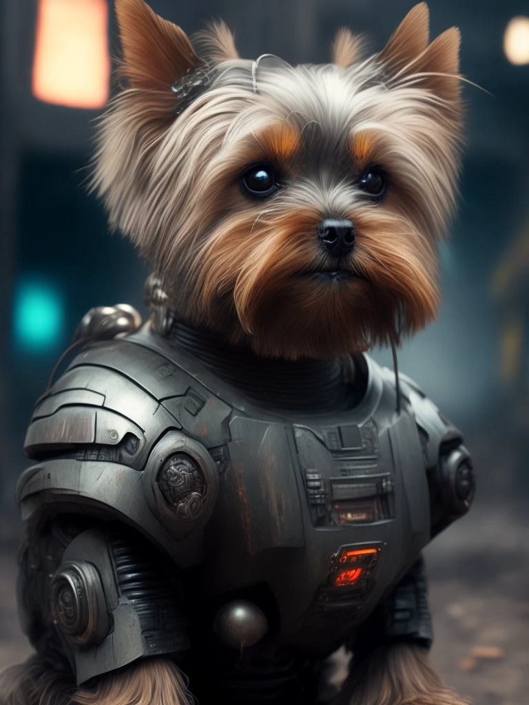 Yorkshire terrier (robot) Dogs are messengers of destruction, realistic scifi cyberpunk power armor robot, Close-up portrait