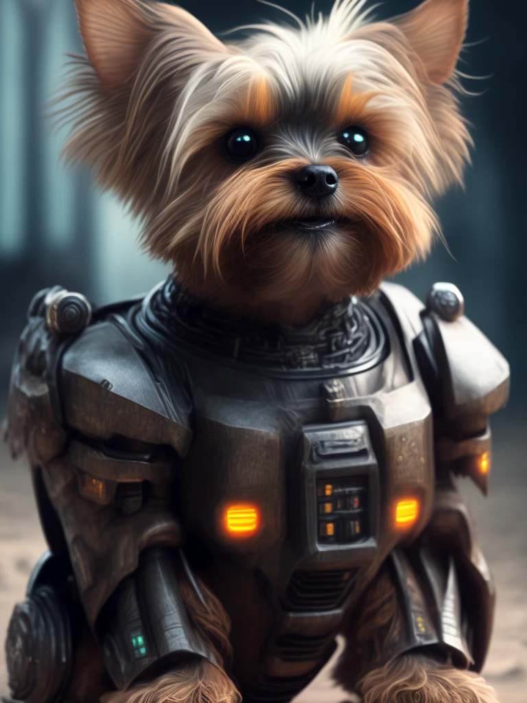 Yorkshire terrier (robot) Dogs are messengers of destruction, realistic scifi cyberpunk power armor robot, Close-up portrait