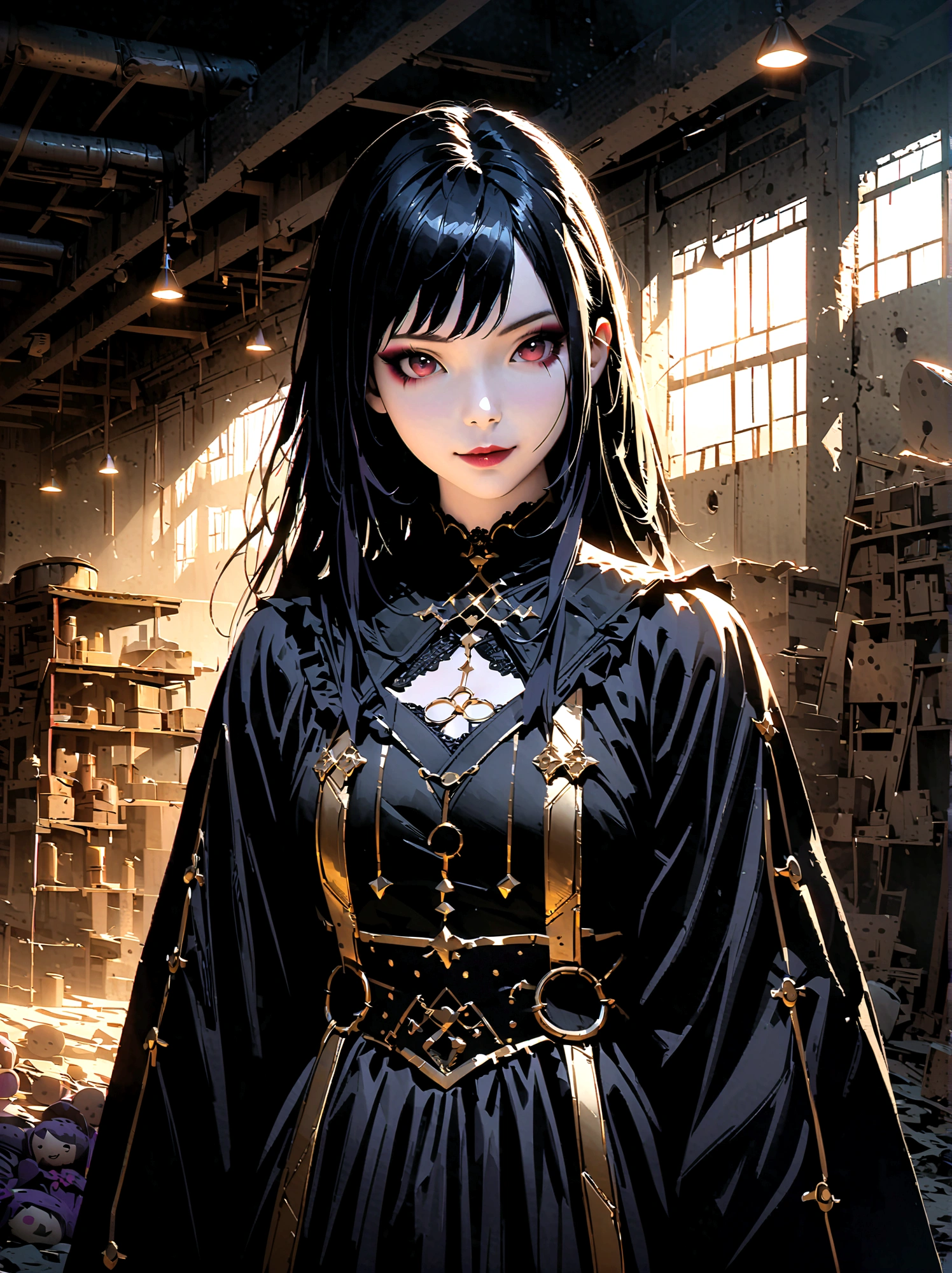a beautiful goth girl, dark gothic dress with gold accents, messy japanese-style hair, dark makeup, soft smile, abandoned doll factory, dramatic lighting, dark and moody atmosphere, cinematic composition, intricate details, high quality, photorealistic, concept art style