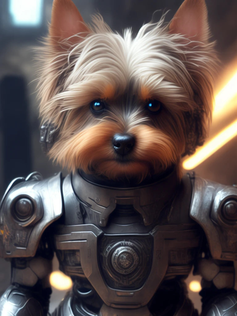 Yorkshire terrier (robot) Dogs are messengers of destruction, realistic scifi cyberpunk power armor robot, Close-up portrait