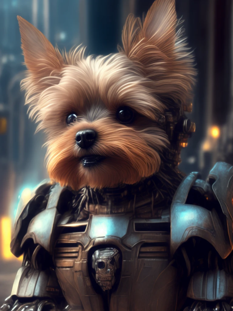 Yorkshire terrier (robot) Dogs are messengers of destruction, realistic scifi cyberpunk power armor robot, Close-up portrait