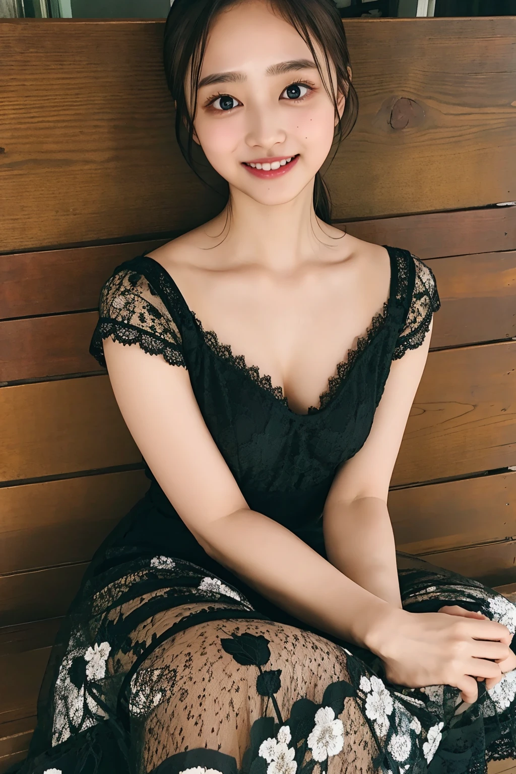 (((upper body shot))),Ultra-high resolution,big eyes,((brown eyes)),Japanese,(forehead),(a girl),(1 girl),(()),(cute),pretty,((facing at viewer)),arms behind back,grin,(((black lace clothes)))