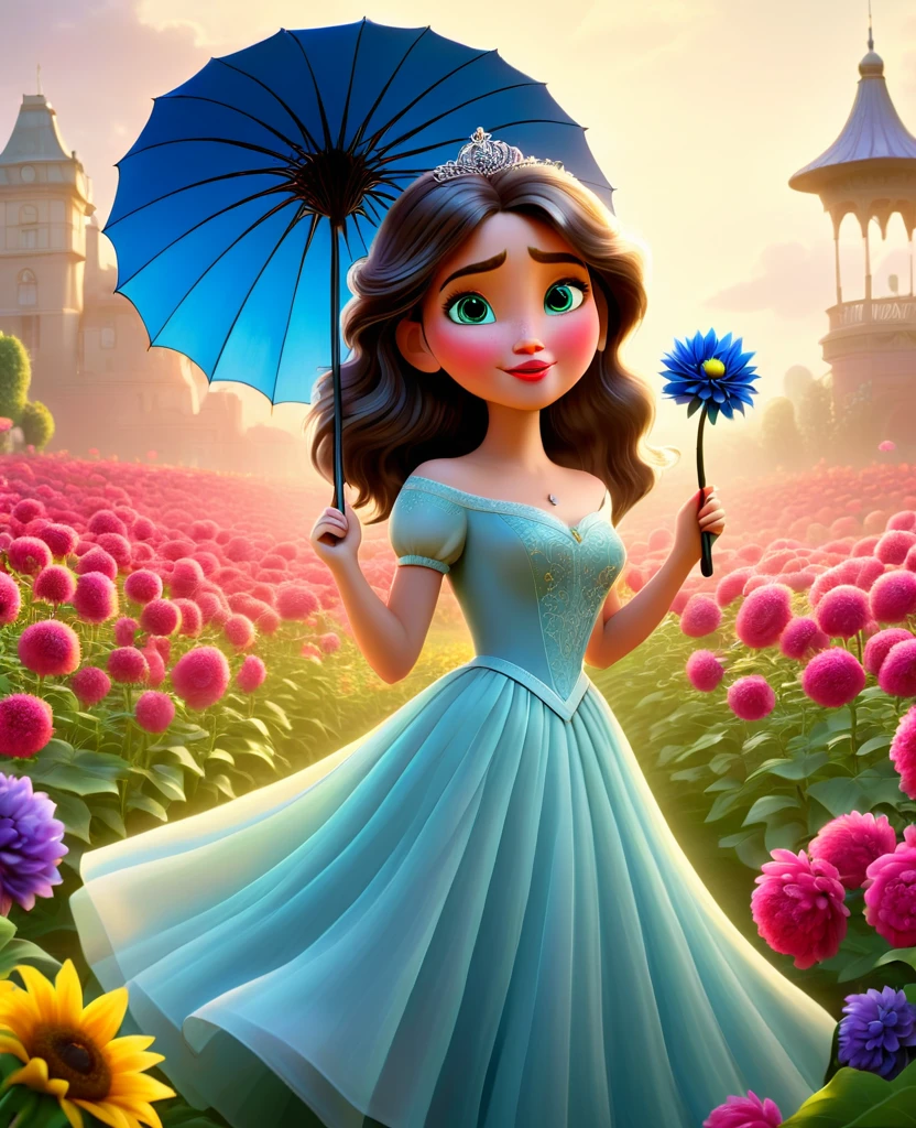 Pixar mom, attractive woman, super high details, erotic,Light skin and long hair, wearing a light blue dress with a blue flower placed behind her ear, holding a brown umbrella decorated with green decorations in her right hand while her left arm rests at her side. The background features a field of vibrant flowers, including peonies, dahlias, and sunflowers. The princess' gaze is directed towards the viewer, her mouth slightly open, adding a sense of intrigue to her portrait.