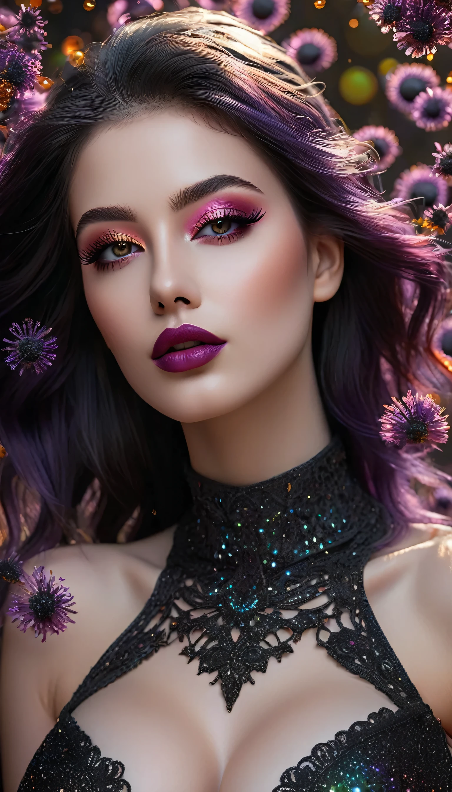 photorealistic Realism 16K Quality: ((Hyper details realistic black_eyes:1.25)), ((finely details pupils:1.3)), Perfect makeup, ((detailed symmetrical lips:1.3)), ((V-line jaw)), pink_lipstick:1.3, (Hyper detailed eyelashes), ((perfect dark_eyeshadows:1.25)), (Detailed nose:1.2), (perfect composition), ((pale skin)), (dry skin), Fantasy, Artistic, actively exploring a world filled with dark shades of black, grey, orange, maroon, burgundy, and lavender, High-definition portrait upper body to waist shot centered on her highly detailed beautiful (firm and full breasts),, amidst a setting rich in details like stars, galaxies, colorful bubbles, and petals, all enhanced by iridescence and glittering wind carrying pollen, 32K resolution, intricate, elegant, highly detailed, majestic, digital photography, ((wide shot)),