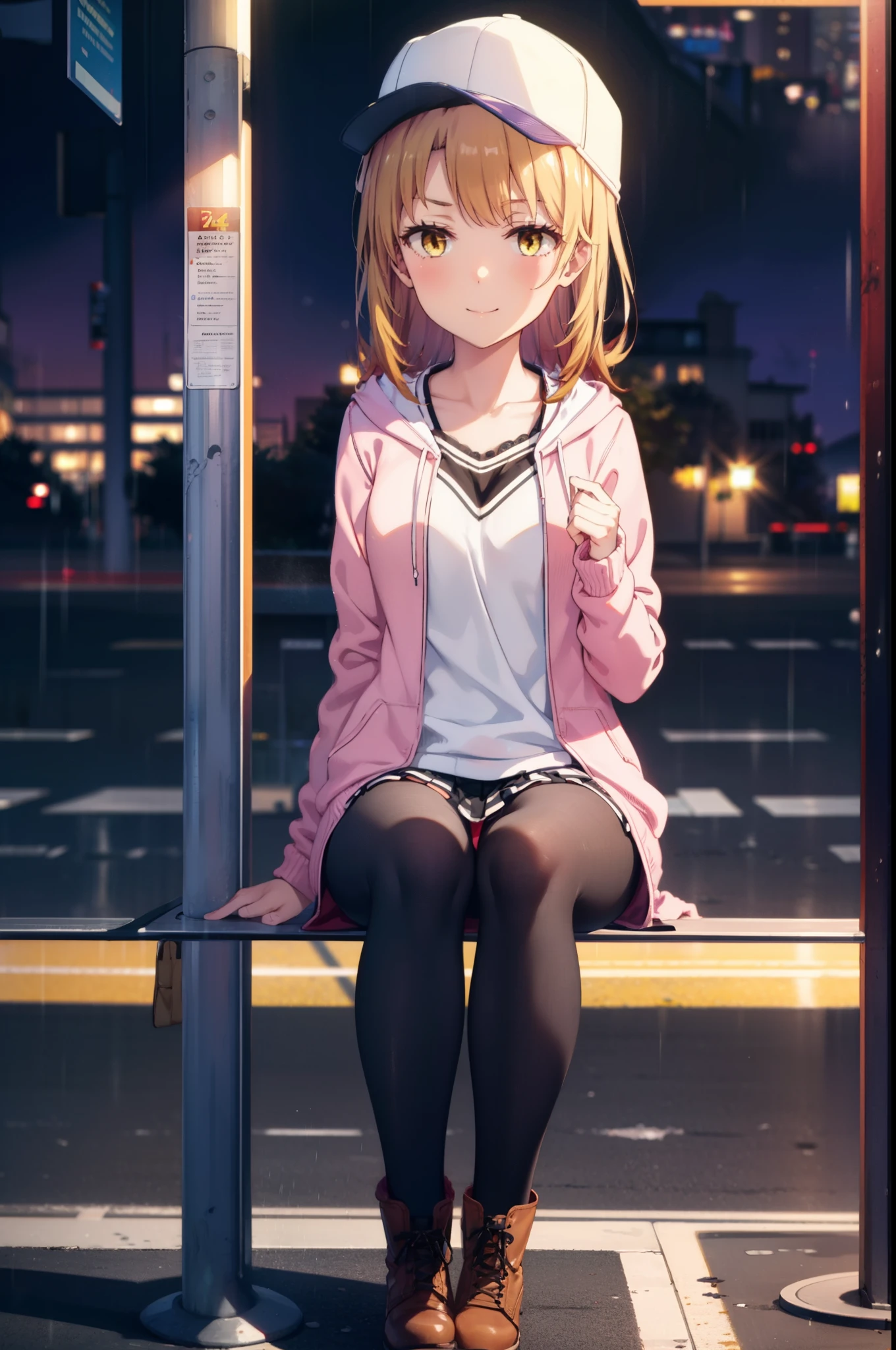 Irohaisshiki, isshiki iroha, Long Hair, Brown Hair, (Brown eyes:1.5), happy smile, smile, Close your mouth,blush,rain,night,Baseball hats,Pink oversized hoodie,V-neck shirt,mini skirt,Black pantyhose,short boots,Sitting on a bus stop bench、,Hidden in a covered building bus stop,whole bodyがイラストに入るように,
break outdoors, バス停
break looking at viewer,whole body,
break (masterpiece:1.2), Highest quality, High resolution, unity 8k wallpaper, (figure:0.8), (Beautiful attention to detail:1.6), Highly detailed face, Perfect lighting, Highly detailed CG, (Perfect hands, Perfect Anatomy),