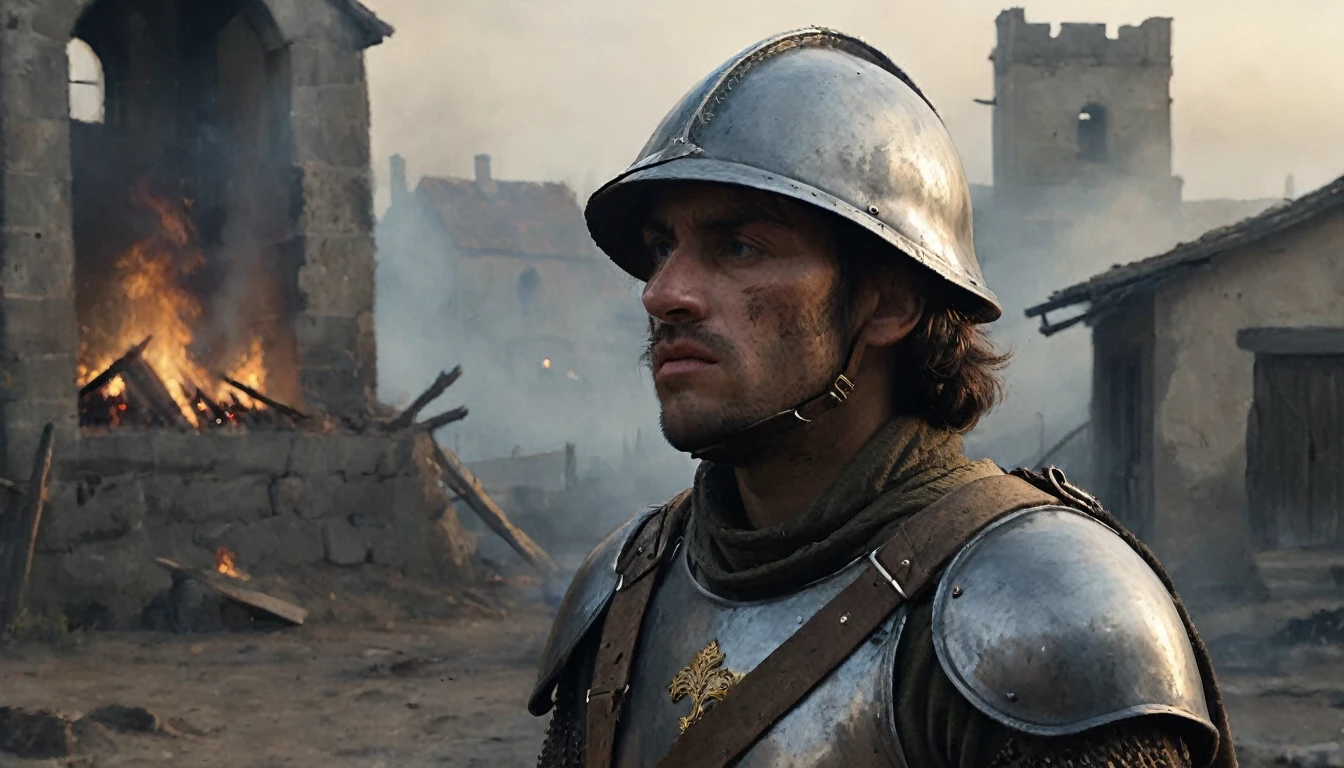 Close-up of a medieval soldier, exhausted and tired, looking into the distance. The background shows smoke and a burned medieval village. The image focuses on the soldier's face, covered in dirt and sweat, with an expression of deep tiredness and discomfort. His eyes reflect sadness and exhaustion as he observes the destruction around him. His helmet is slightly displaced, revealing strands of messy hair. The background includes ruined houses and rising smoke, suggesting a recent conflict. The light is dim and the atmosphere gloomy, accentuating the soldier's state of wear and tear and the tragedy of the devastated environment. The historical details of the armor and scenery add authenticity to the Middle Ages scene., Hyperrealism, Impressionism, UHD, retina, masterpiece, accurate, anatomically correct, textured skin, super detail, award winning, 8k