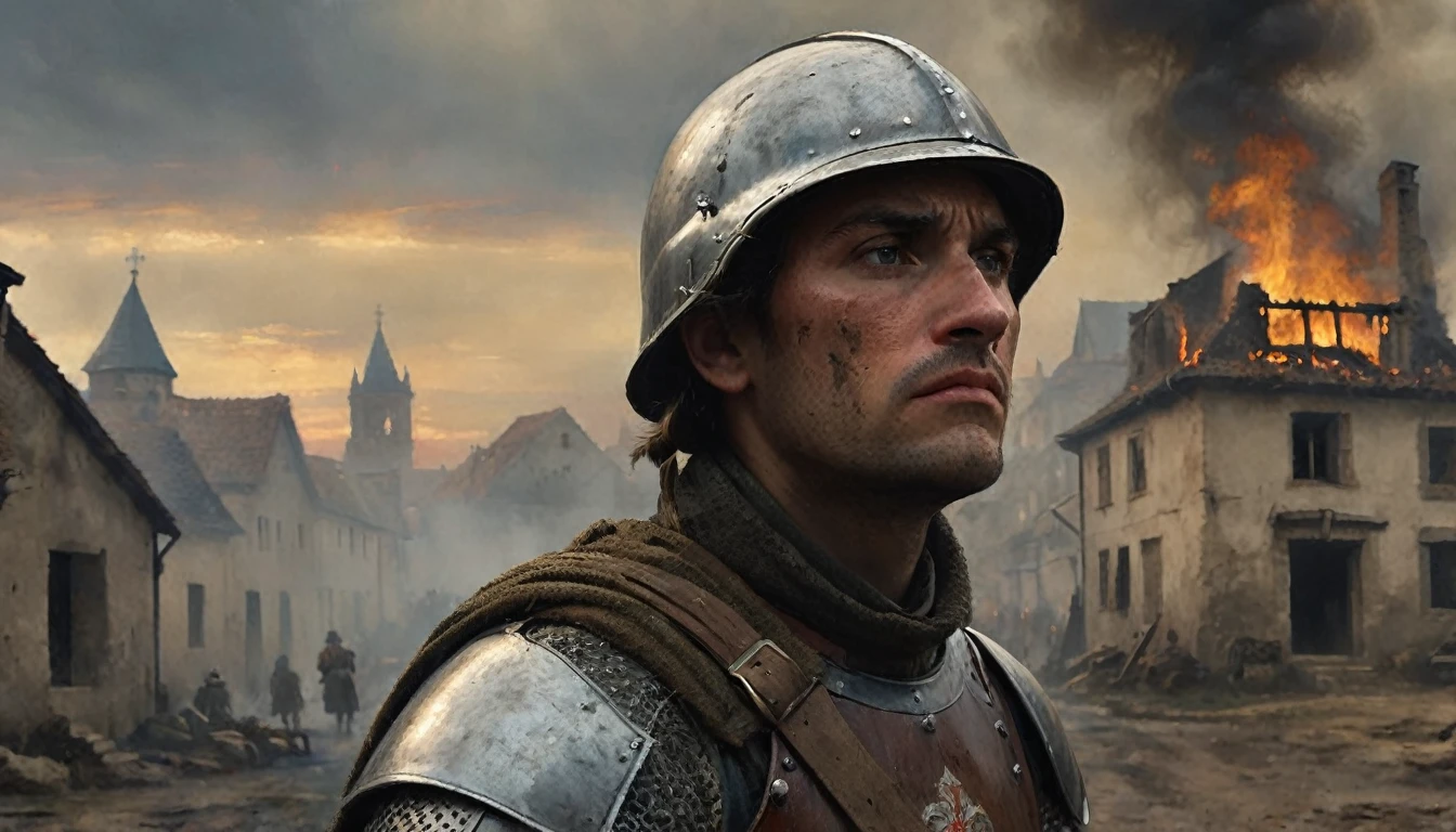 Close-up of a medieval soldier, exhausted and tired, looking into the distance. The background shows smoke and a burned medieval village. The image focuses on the soldier's face, covered in dirt and sweat, with an expression of deep tiredness and discomfort. His eyes reflect sadness and exhaustion as he observes the destruction around him. His helmet is slightly displaced, revealing strands of messy hair. The background includes ruined houses and rising smoke, suggesting a recent conflict. The light is dim and the atmosphere gloomy, accentuating the soldier's state of wear and tear and the tragedy of the devastated environment. The historical details of the armor and scenery add authenticity to the Middle Ages scene., Hyperrealism, Impressionism, UHD, retina, masterpiece, accurate, anatomically correct, textured skin, super detail, award winning, 8k