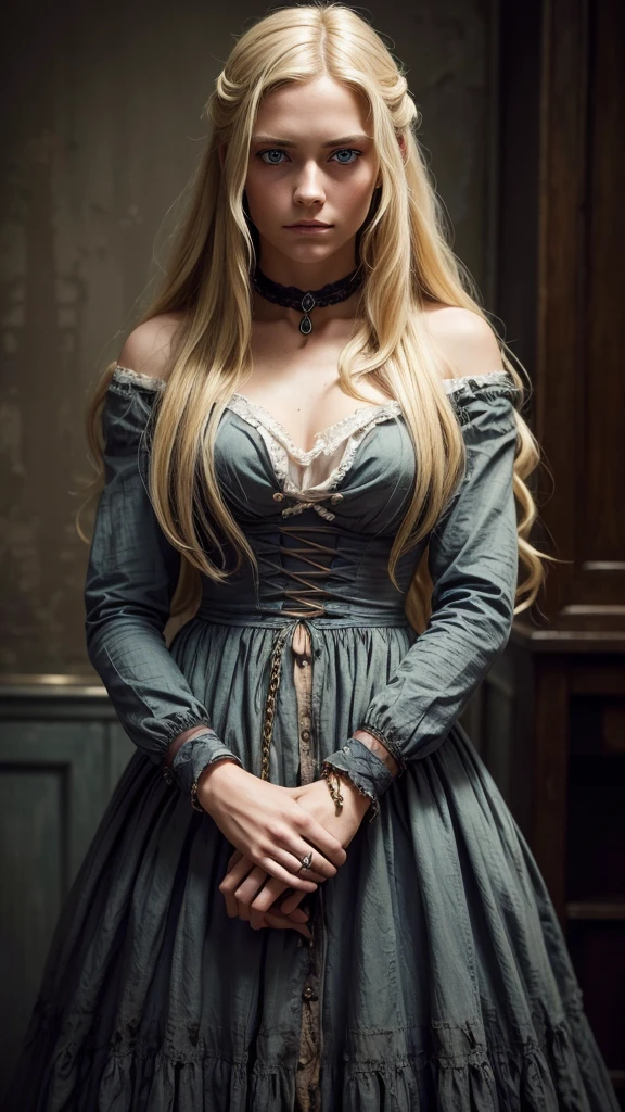 a beautiful woman with long blonde hair, blue eyes, and a detailed face, wearing a tattered and dirty 1840s era dress, chained wrists, sorrowful expression, photorealistic, highly detailed, 8k, masterpiece, dramatic lighting, muted color palette, melancholic mood, period accurate