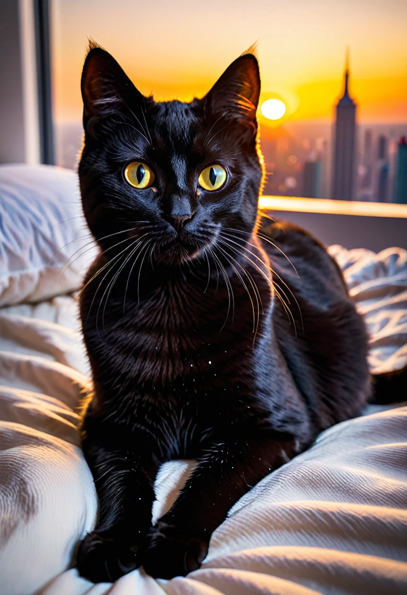 8k,high quality,cat,black cat,cute,on the bed,sunrise