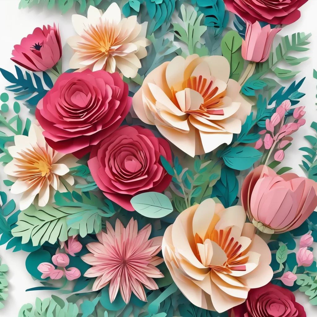 Design illustration of beautiful flowers bouquet, on a white background, centered in the scene, flowers with vegetation,frontal view, layeres paper design, kirigami style, detailed folds, vivid color palette, natural light, masterful craft, intrincated,4k, sharp focus, perfect paperfold, white background 
