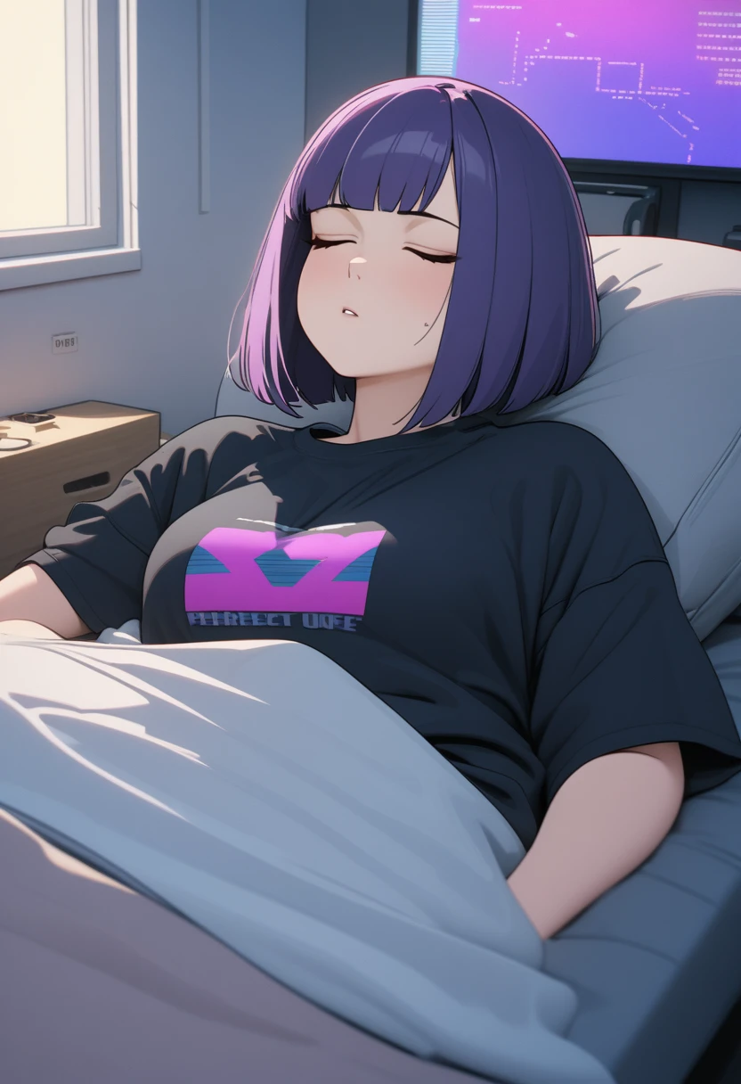 Adult Female, Black purple hair, slanted bob haircut, phlegmatic, stoic expression, cyberpunk apartment, sleeping, baggy clothes, slob, highly detailed, high quality, perfect quality, 8k