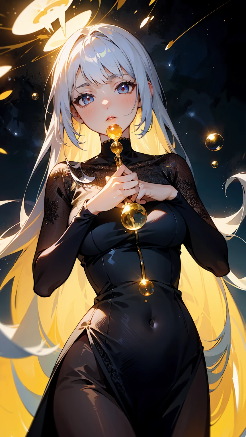 1 adult, masterpiece, best quality, girl, look at the viewer, ((she touching a bubble)), in the universe, wearing a black dress, golden details, ((looking pretty)), ((very confident)), white hair, silver eyes, long straight hair, many bubbles around, self-confident, powerful, epic, goddess