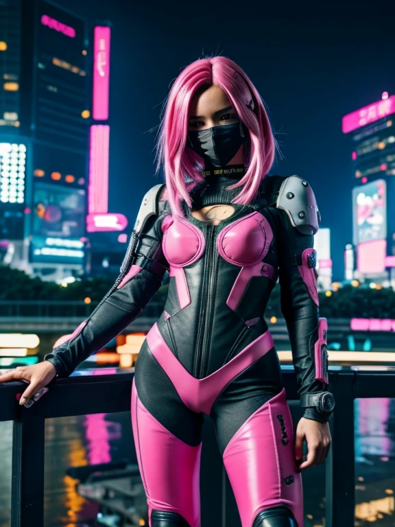 cyberpunk 2d anime girl, with pink hair, hightech mask, modern skinny suit with sci fi tokyo in the background, at night