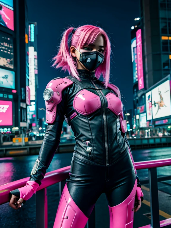 cyberpunk 2d anime girl, with pink hair, hightech mask, modern skinny suit with sci fi tokyo in the background, at night