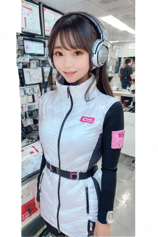 masterpiece, Highest quality, Very detailed, 8K Portrait,Japanese Android Girl,plump , Control panel,Robotic arms and legs, Blunt bangs,,break (Metallic Gray, Metallic luster, Mirror finish, Astro Best):5,headphone:5,break (Black sleeves):100,Smart Watches,Futuristic space station,Control Room,break headphone,blue eyes,(Black Hair):2,(Long Hair):1.3,Displaying the viewer,(respirator),break blush:3,Hidden Hand,smile