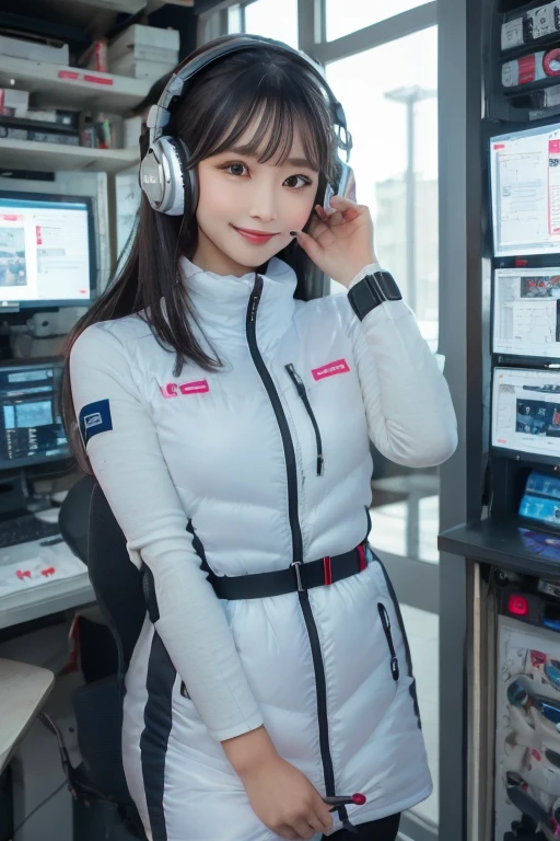 masterpiece, Highest quality, Very detailed, 8K Portrait,Japanese Android Girl,plump , Control panel,Robotic arms and legs, Blunt bangs,,break (Metallic Gray, Metallic luster, Mirror finish, Astro Best):5,headphone:5,break (Black sleeves):100,Smart Watches,Futuristic space station,Control Room,break headphone,blue eyes,(Black Hair):2,(Long Hair):1.3,Displaying the viewer,(respirator),break blush:3,Hidden Hand,smile
