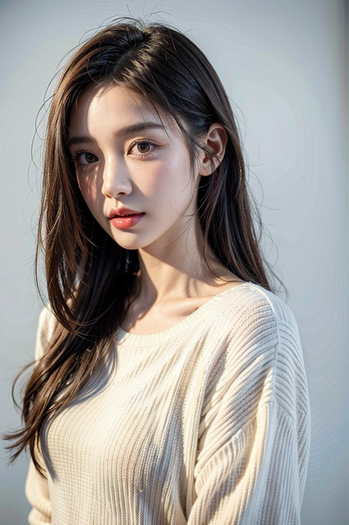 1 girl in,sweater,White background,lifelike face