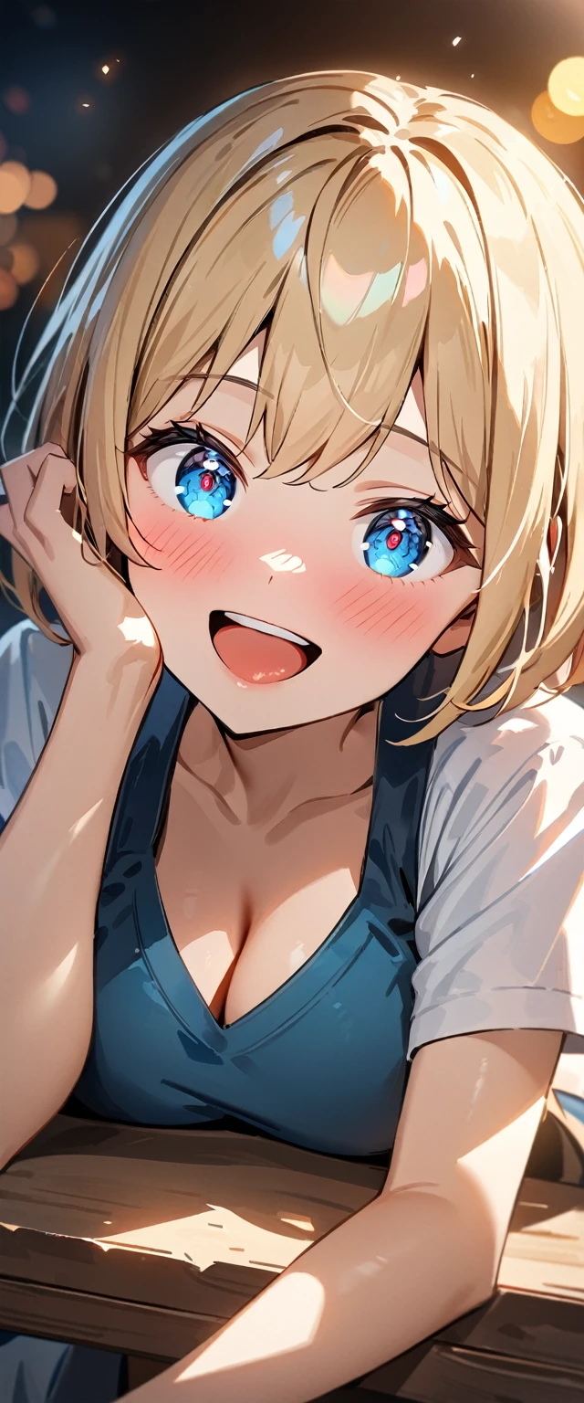 (((One girl))), blond hair, bob cut, (upper body), (looking at viewer), breasts, teenager, head tilt:1.3, (((blue eye))), ((happy smile)), ((full face blush)), tongue out, open mouth, school summer uniform, white shirts, black skirt, cleavage, anime style, (best quality, 4k, 8k, highres, masterpiece:1.2, ultra-detailed, ultra-detailed eyes, HDR, UHD, studio lighting, ultra-fine painting, sharp focus, physically-based rendering, extreme detail description, professional, vivid colors, bokeh)