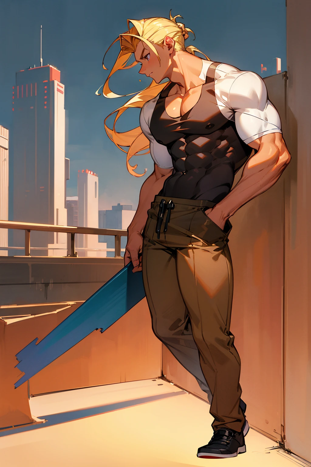 Masterpiece Quality, Perfect Generation, Sclera, Detailed Eyes, Skin, Blonde Slick Back Hair, Muscular, Casual Clothing, Bored Expression, , City Background, Full Body, Tanned Skin, Two Toned Red Highlighted Hair, Teen, School Background, male