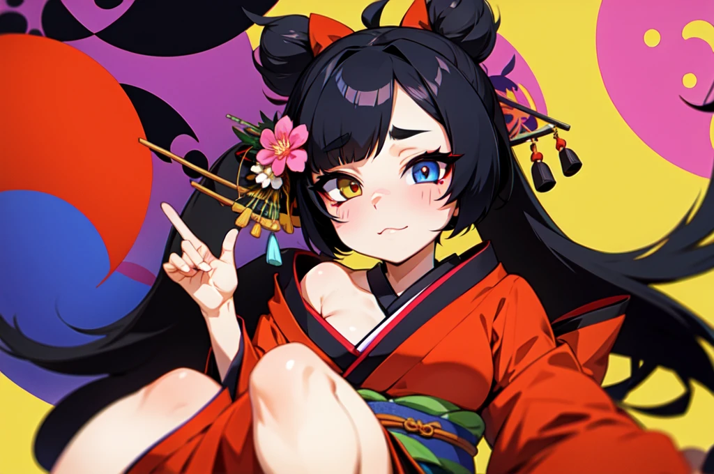  with half-tied black hair, kimono metamorphosis and soul, and one eye black and the other black.