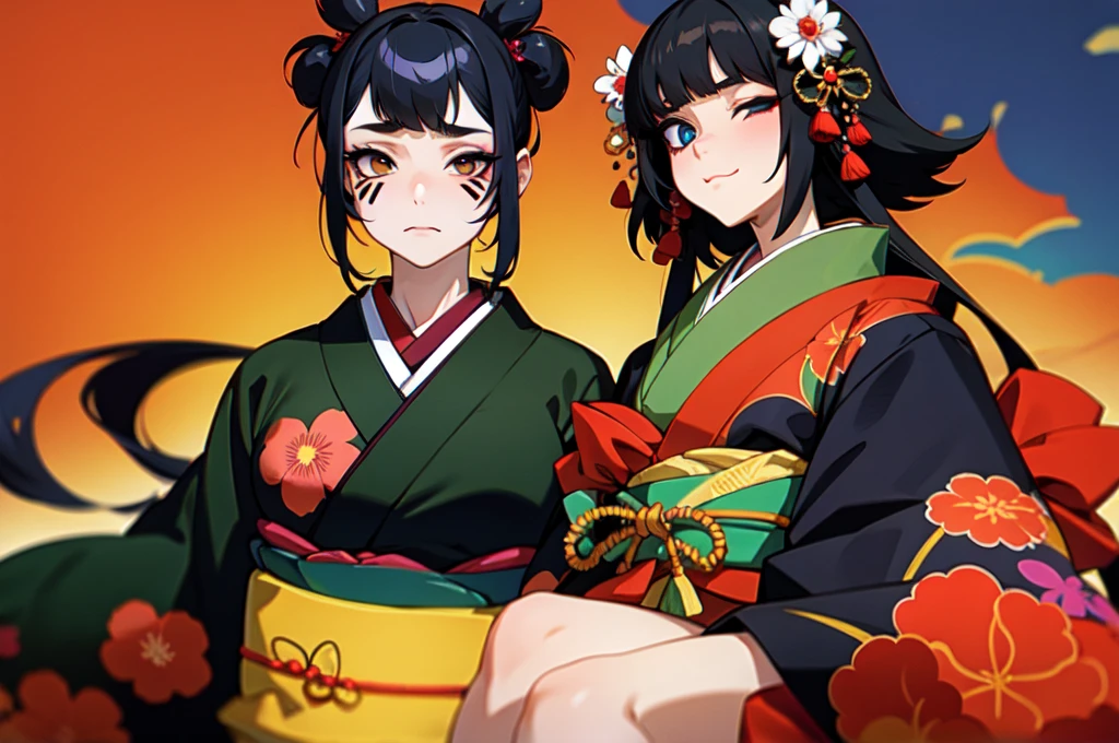  with half-tied black hair, kimono metamorphosis and soul, and one eye black and the other black.