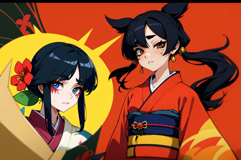  with half-tied black hair, kimono metamorphosis and soul, and one eye black and the other black.