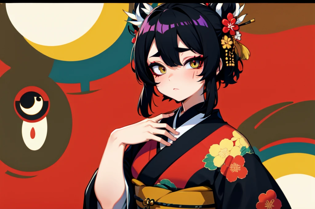  with half-tied black hair, kimono metamorphosis and soul, and one eye black and the other black.